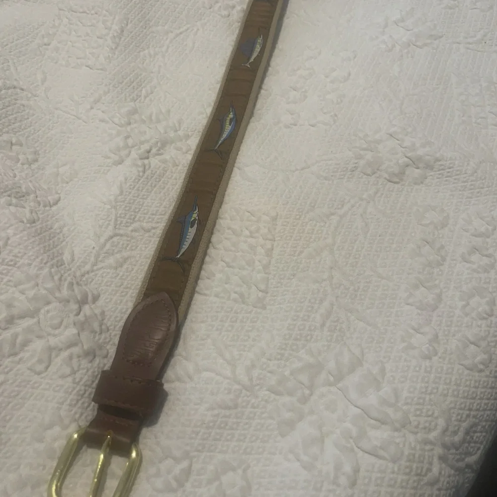 Fish Design Leather-Trim Kids Belt - Brown tan Blue Sz 26 Measure 31 W/O Buckle